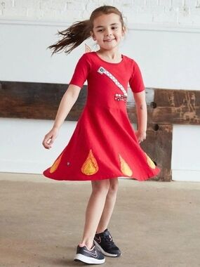 Red Firetruck PRINCESS AWESOME Twirl Dress for Girls - Playful Flame Appliqué